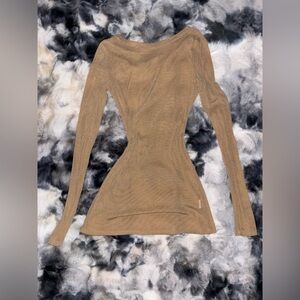 Elegant Gold/Tan Mesh Long Sleeve Mini Dress